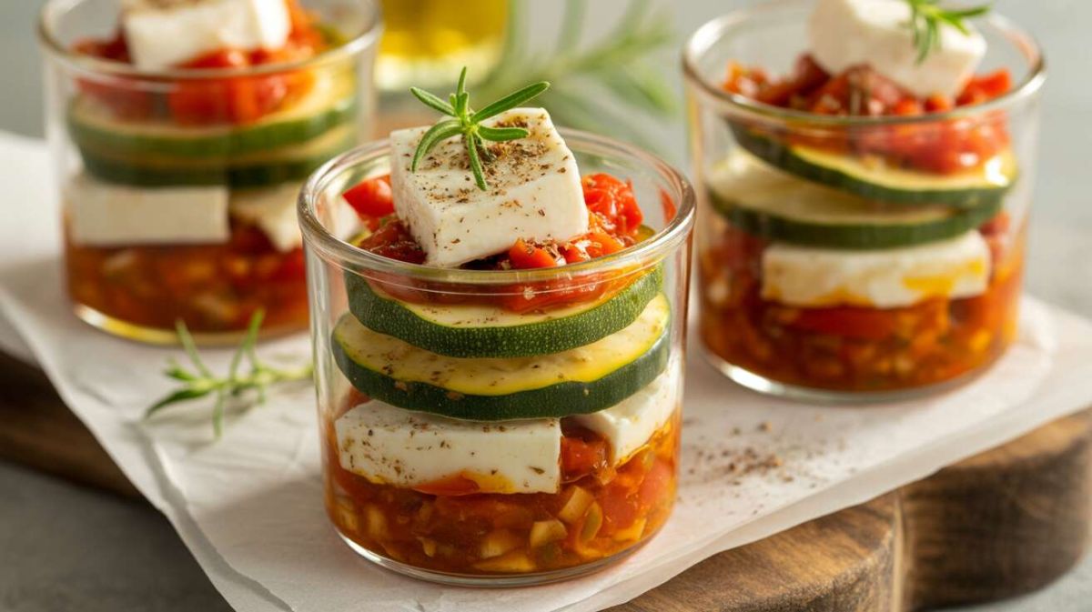 Des verrines apéritives colorées aux tomates, courgettes et fromage de brebis