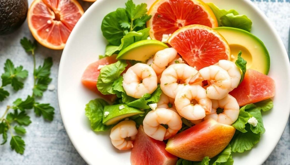 Une salade d’été aux saveurs exotiques : avocat, pamplemousse et crevettes