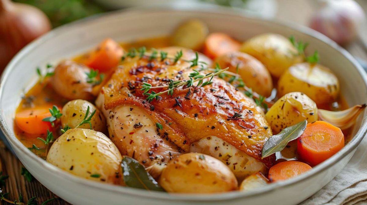 Recette de coquelet dans son jus avec pommes de terre et carottes