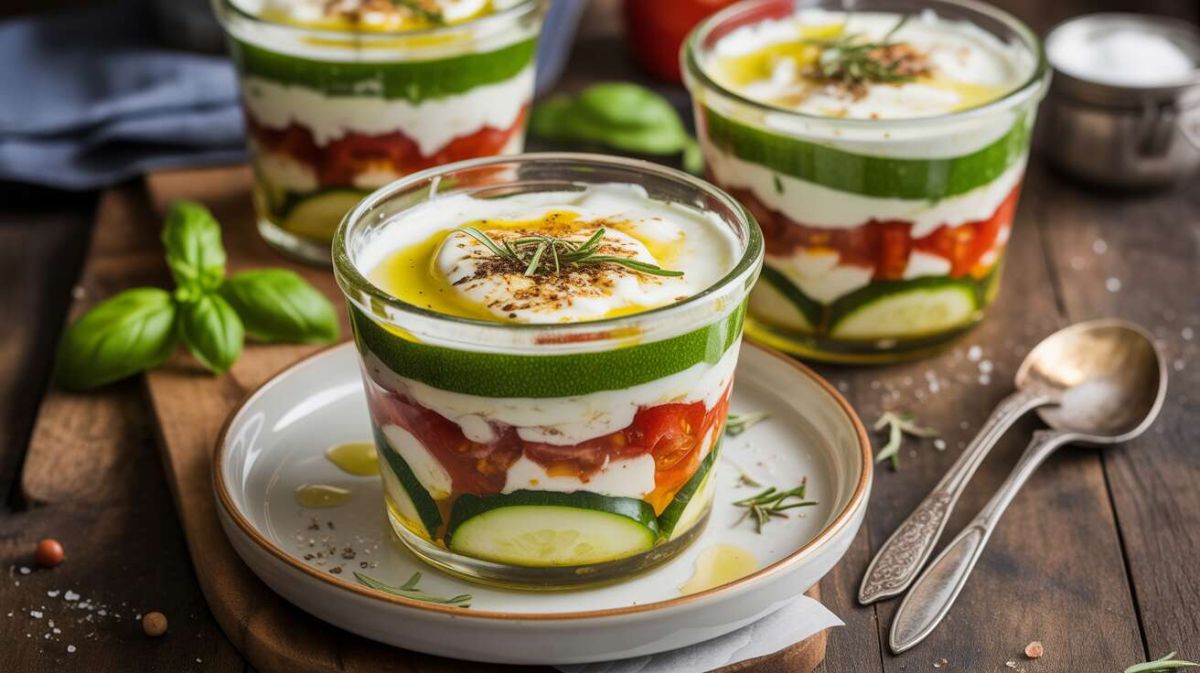 Des verrines de courgettes, tomates confites et fromage frais : recette facile et savoureuse