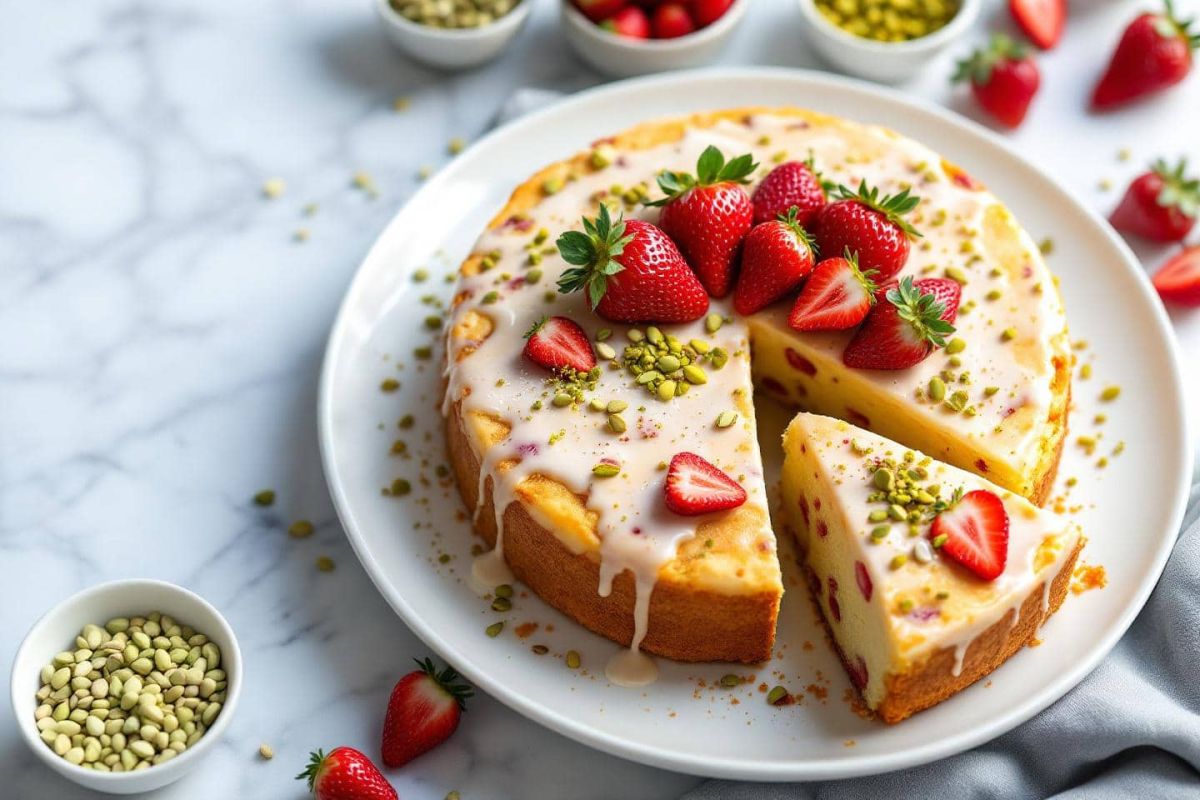 un gâteau d'été qui marie pistaches et fraises pour des moments magiques