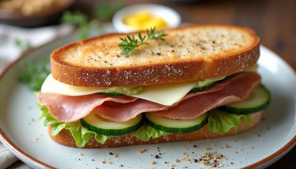 L'art du club sandwich: une touche gourmet avec concombre et viande des Grisons