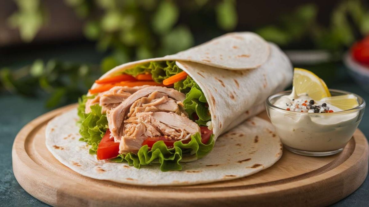 Des tortillas wraps frais au poulet et crudités pour un repas rapide et sain