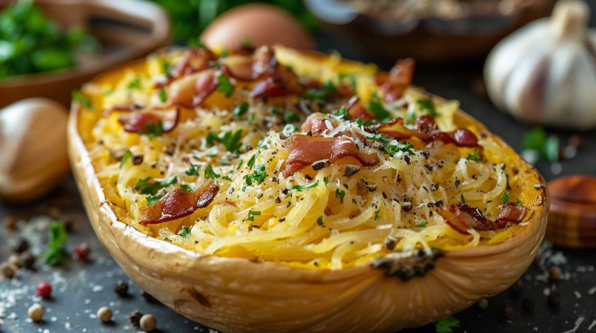 Une touche italienne : courge spaghetti à la carbonara pour un repas réconfortant